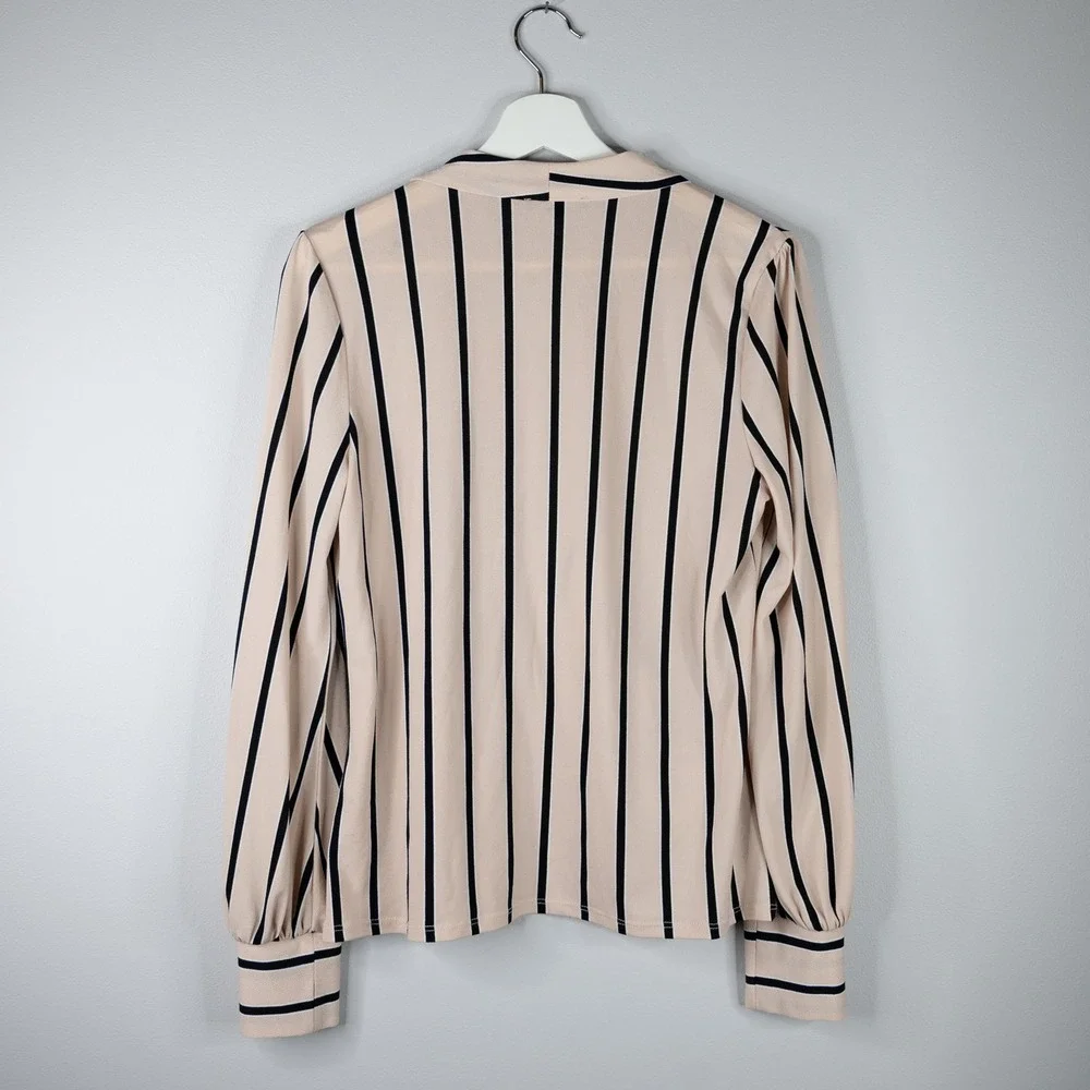 Adrianna Papell Blouse Women's Small Blush/Black stipe faux wrap Business casual